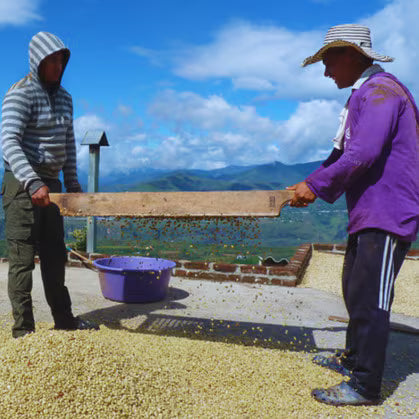 Two people working with grain on a rooftop with mountains in the background