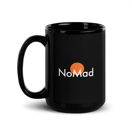 Black glossy 15oz coffee cup with Nomad logo