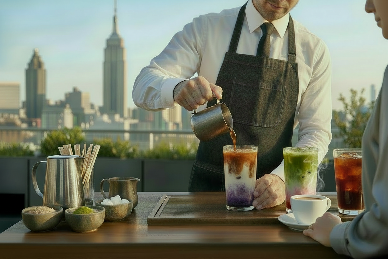 Barista pouring a drink into a glass with a cityscape in the background