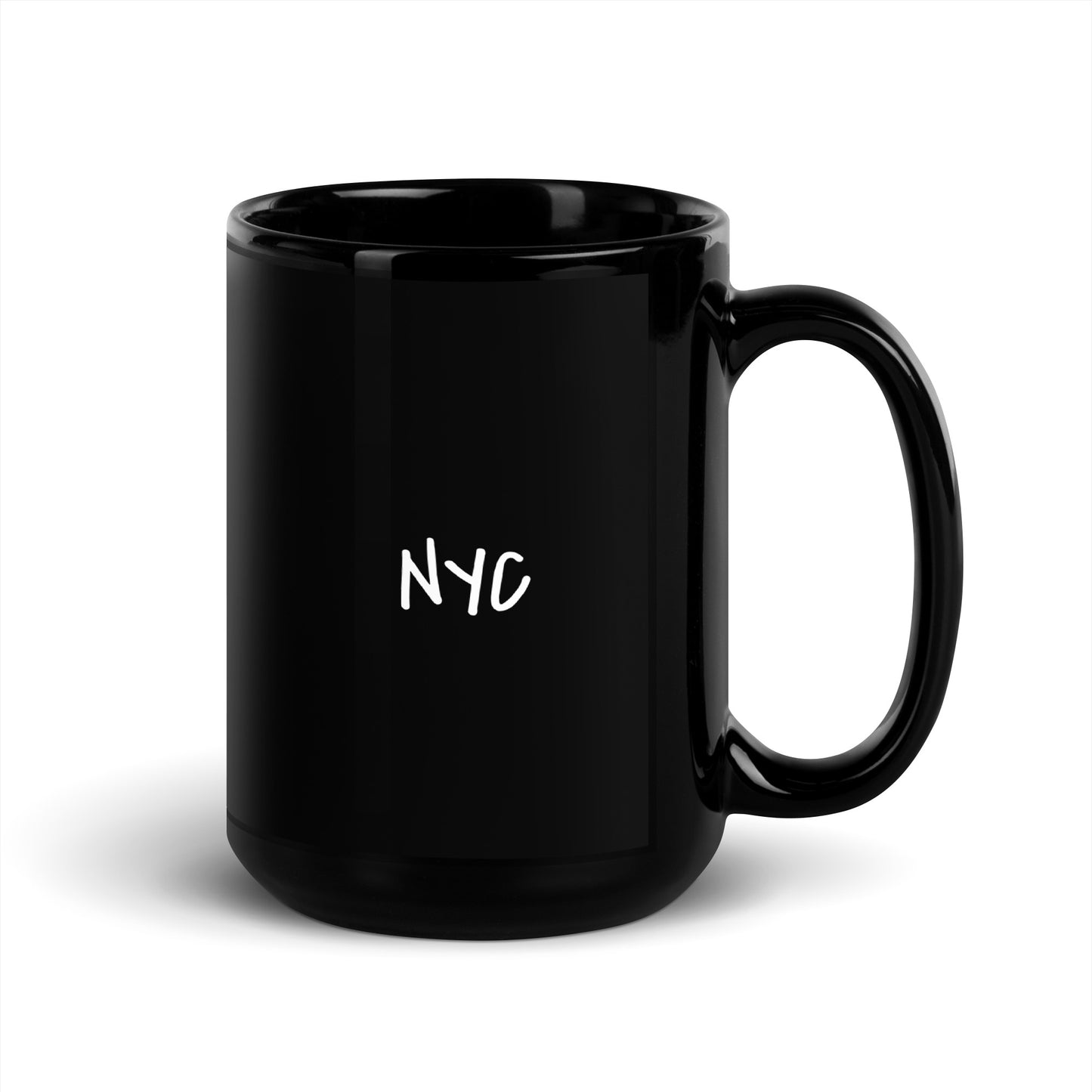 Black glossy 15oz coffee cup with NYC initials on the opposite side of the mug.